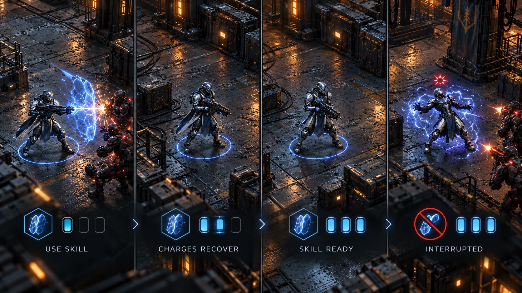 Skill charges, recovery and interruptions during combat